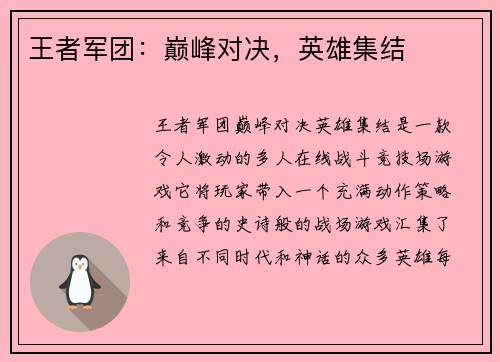 王者军团:巅峰对决,英雄集结
