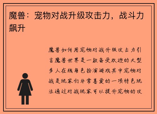 魔兽：宠物对战升级攻击力，战斗力飙升